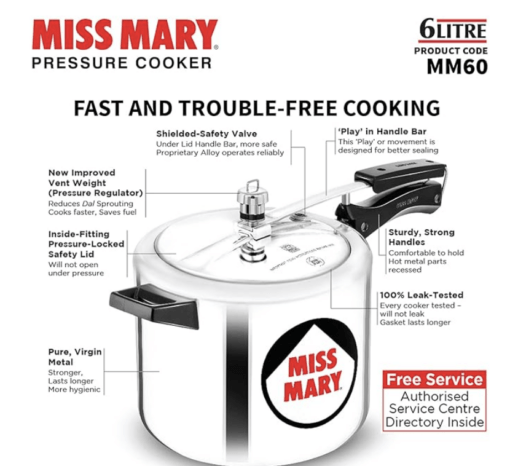 Hawkins 6 Litre Miss Mary Pressure Cooker, Inner Lid Cooker, Silver (MM60) - Image 2
